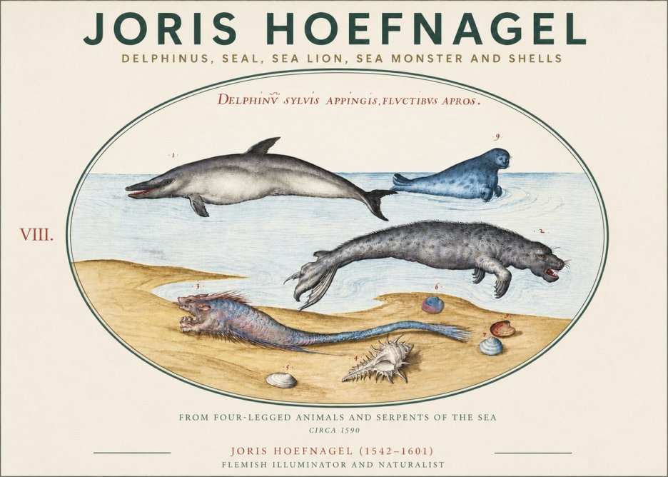 Joris Hoefnagel Delphinus, Seal, Sea Lion, Sea Monster and Shells No3 - Affiche