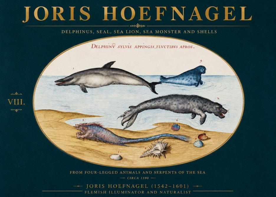 Joris Hoefnagel Delphinus, Seal, Sea Lion, Sea Monster and Shells No4 - Affiche