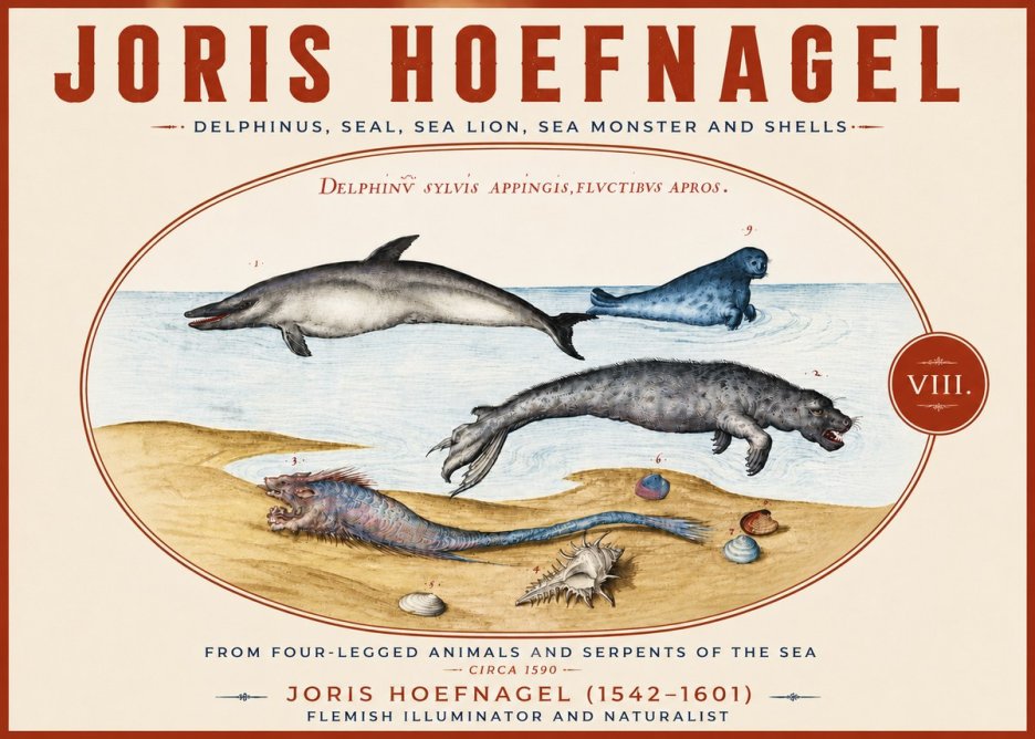 Joris Hoefnagel Delphinus, Seal, Sea Lion, Sea Monster and Shells No5 - Affiche