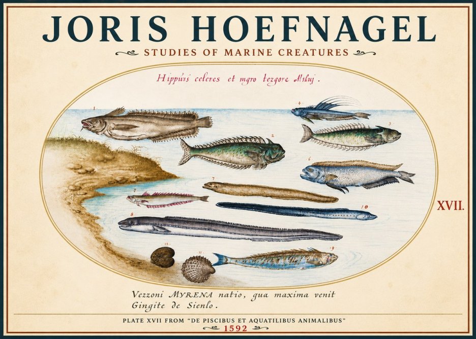 Joris Hoefnagel Plate Xvii from "De Piscibus Et Aquatilibus Animalibus" No3 - Affiche