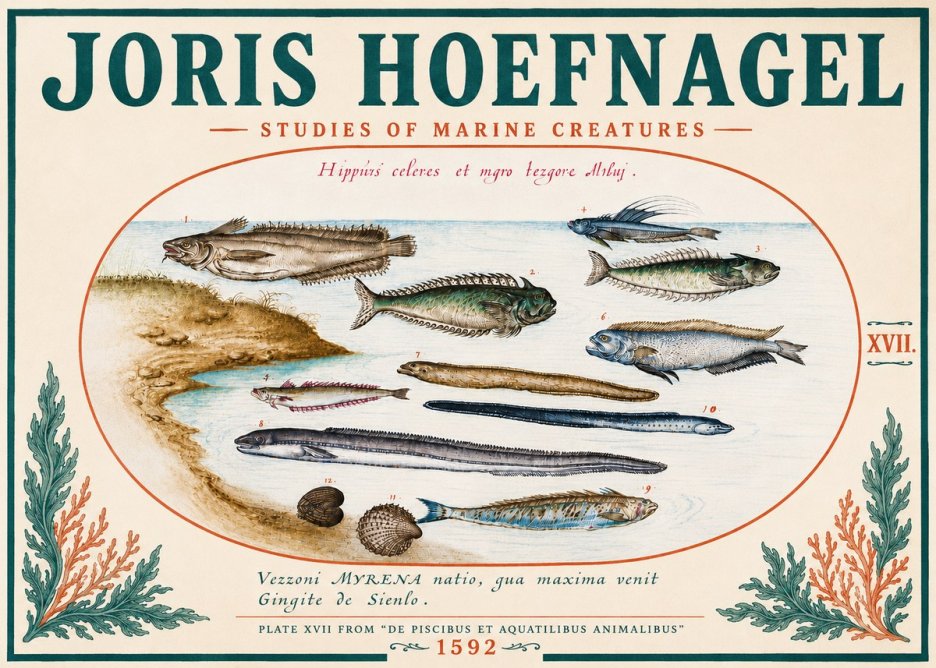 Joris Hoefnagel Plate Xvii from "De Piscibus Et Aquatilibus Animalibus" No5 - Affiche