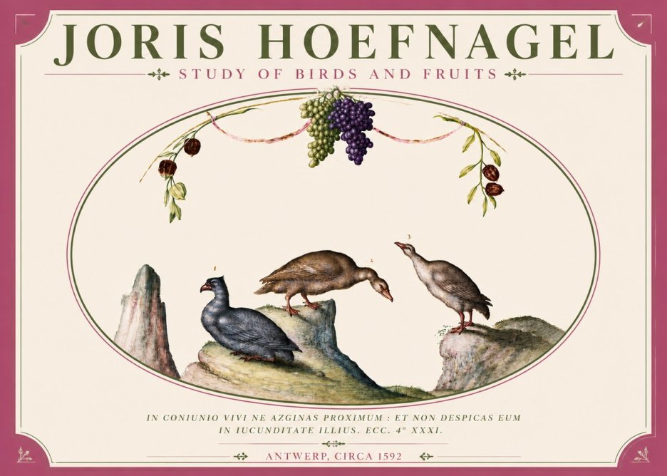 Joris Hoefnagel Three Birds with Grapes and Inscription No6 - Affiche