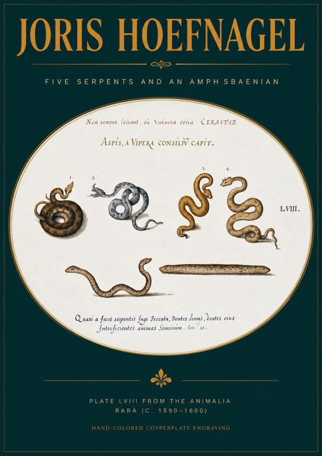 Joris Hoefnagel Five Serpents and an Amphisbaenian No2 - Affiche