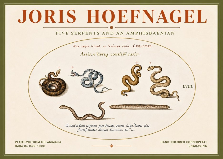 Joris Hoefnagel Five Serpents and an Amphisbaenian No4 - Affiche