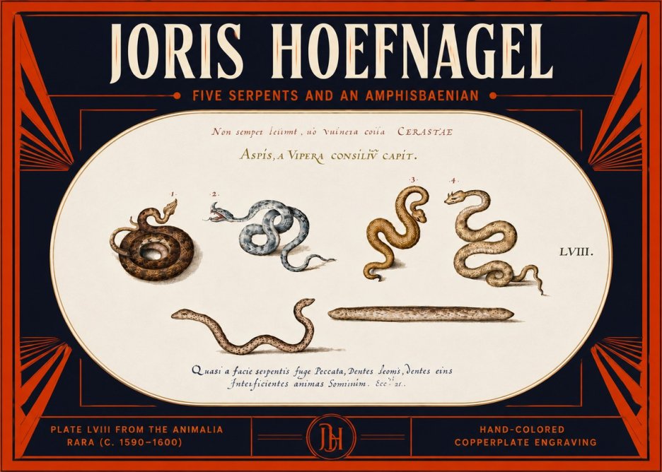 Joris Hoefnagel Five Serpents and an Amphisbaenian No5 - Affiche