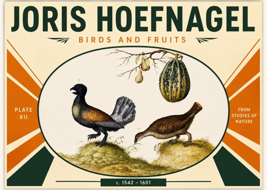 Joris Hoefnagel A Cock and Hen of the Woods with Pears and Gourd No3 - Affiche