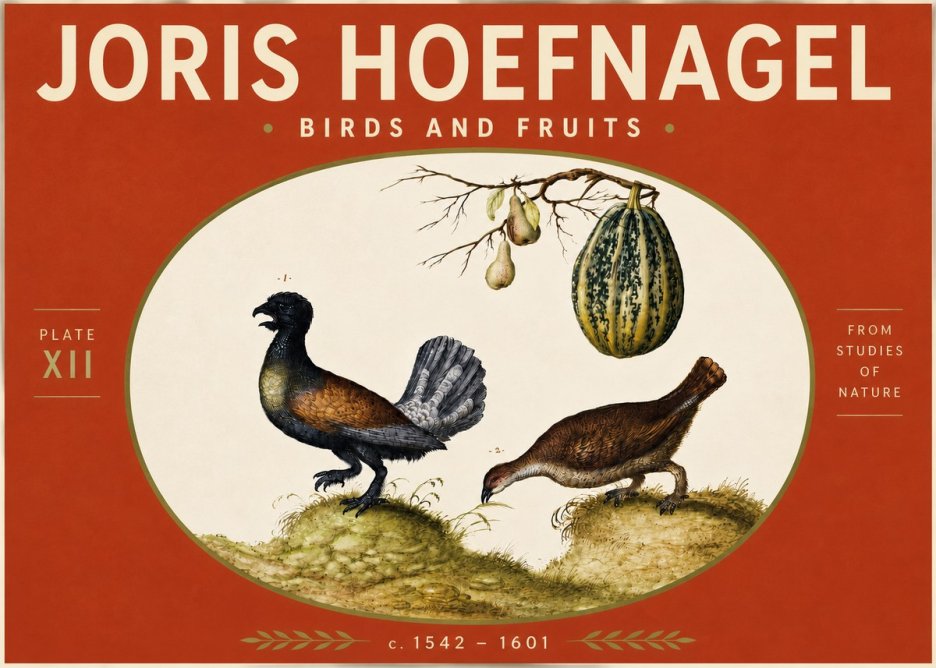 Joris Hoefnagel A Cock and Hen of the Woods with Pears and Gourd No5 - Affiche