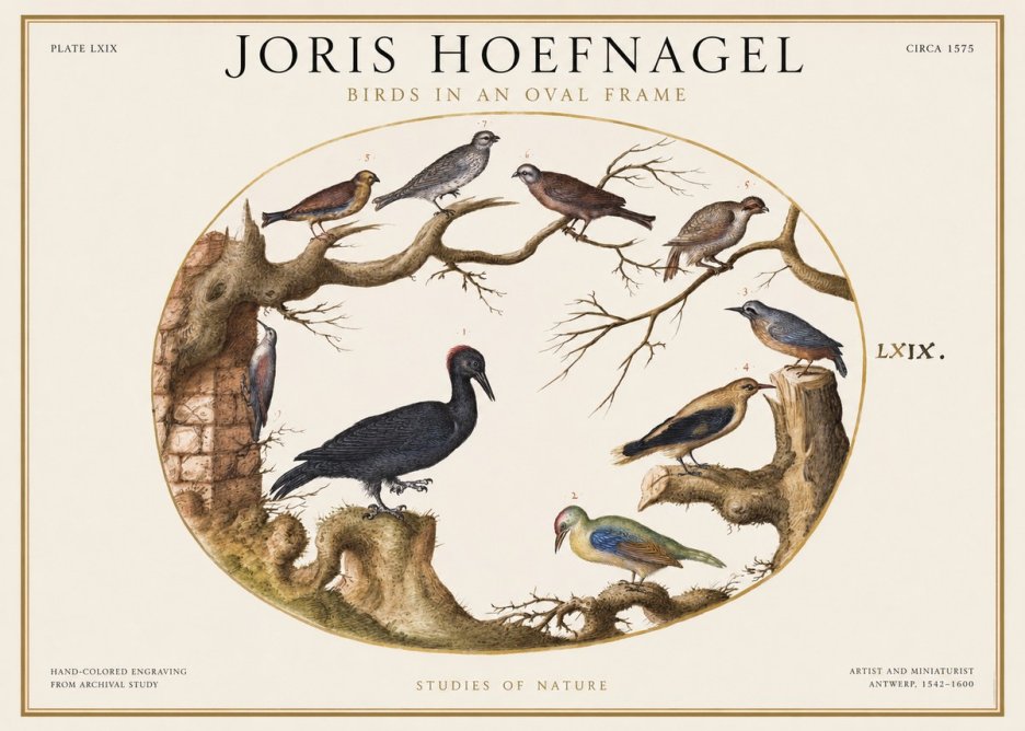 Joris Hoefnagel Birds in an Oval Frame No1 - Affiche