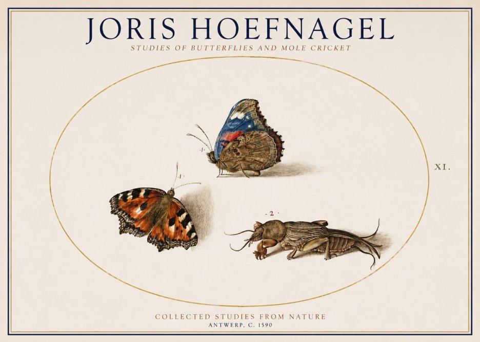 Joris Hoefnagel Studies of Butterflies and Mole Cricket No1 - Affiche