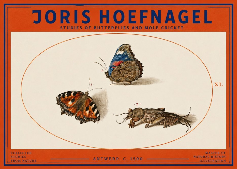 Joris Hoefnagel Studies of Butterflies and Mole Cricket No3 - Affiche