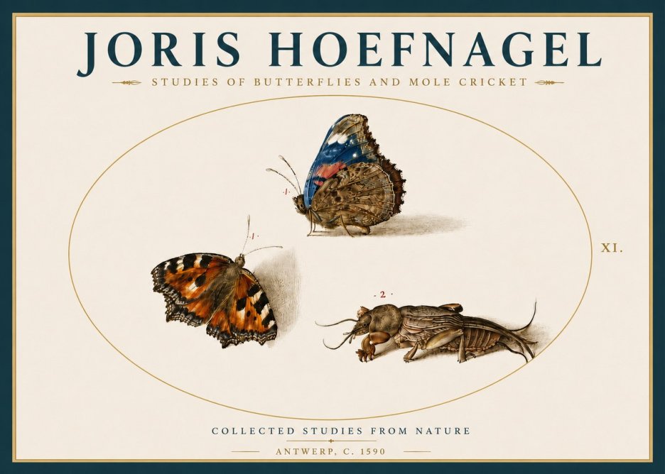Joris Hoefnagel Studies of Butterflies and Mole Cricket No4 - Affiche