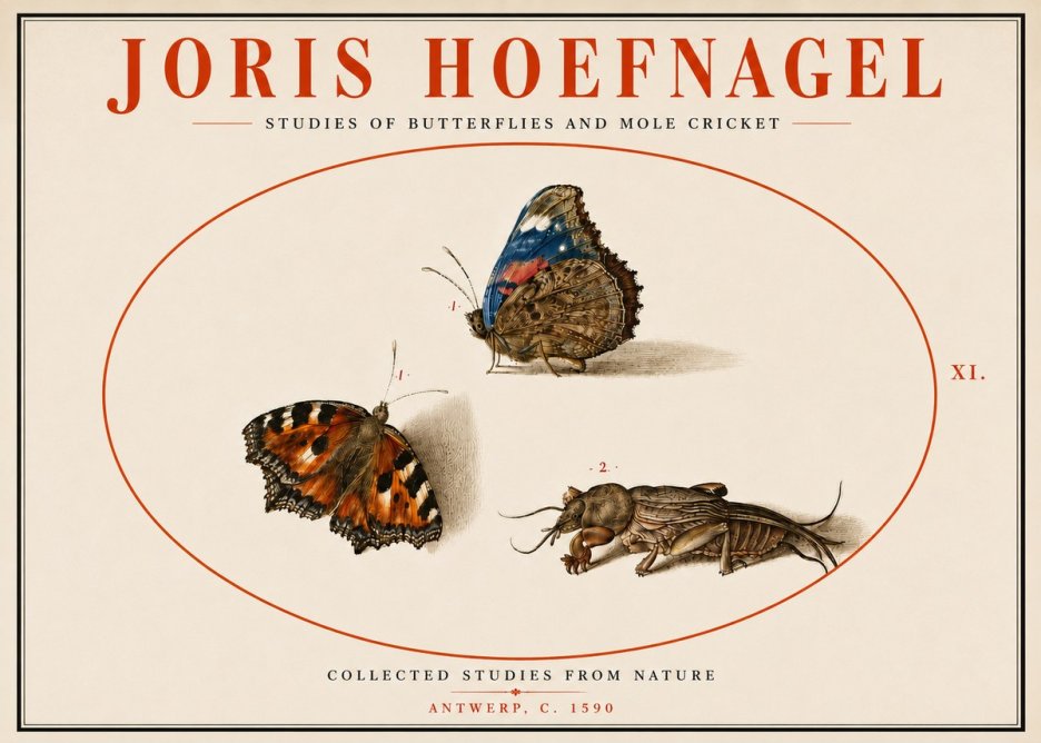 Joris Hoefnagel Studies of Butterflies and Mole Cricket No5 - Affiche
