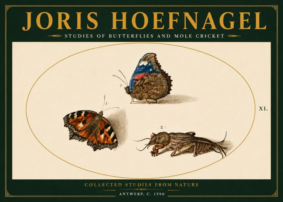 Joris Hoefnagel Studies of Butterflies and Mole Cricket No6 - Affiche