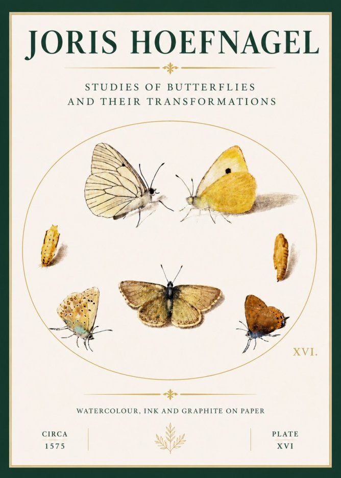 Joris Hoefnagel Studies of Butterflies and Their Transformations No4 - Affiche