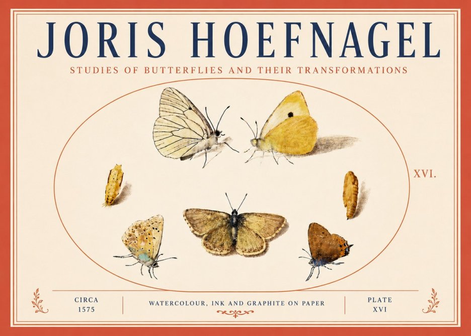 Joris Hoefnagel Studies of Butterflies and Their Transformations No6 - Affiche