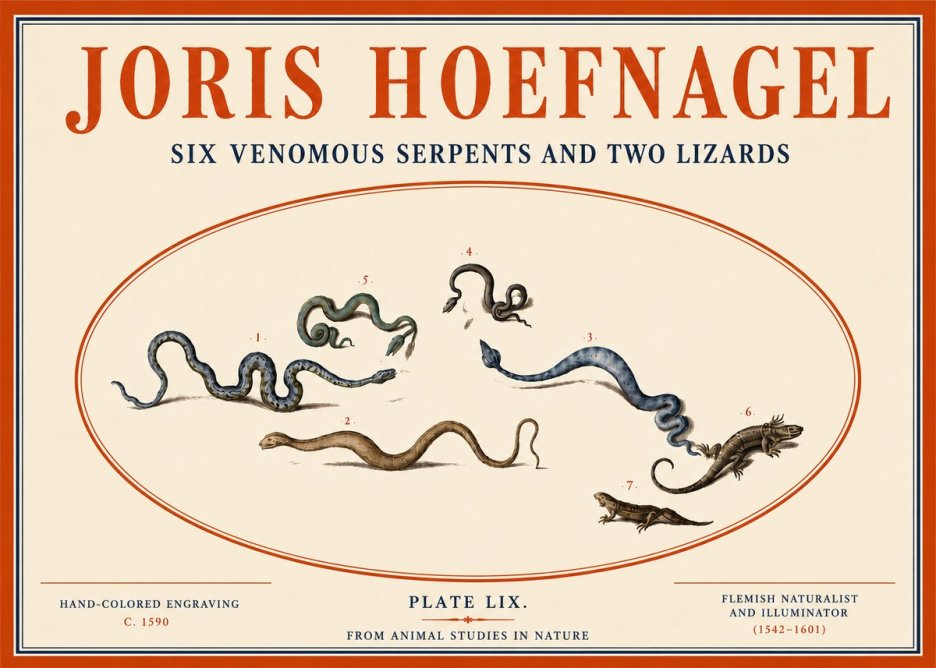 Joris Hoefnagel Six Venomous Serpents and Two Lizards No4 - Affiche