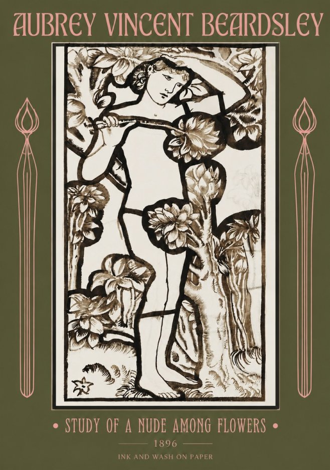 Aubrey Beardsley Study of a Nude Among Flowers No2 - Affiche