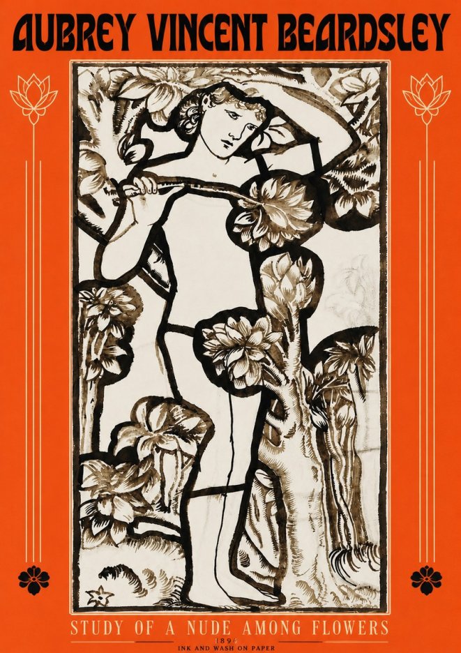 Aubrey Beardsley Study of a Nude Among Flowers No3 - Affiche
