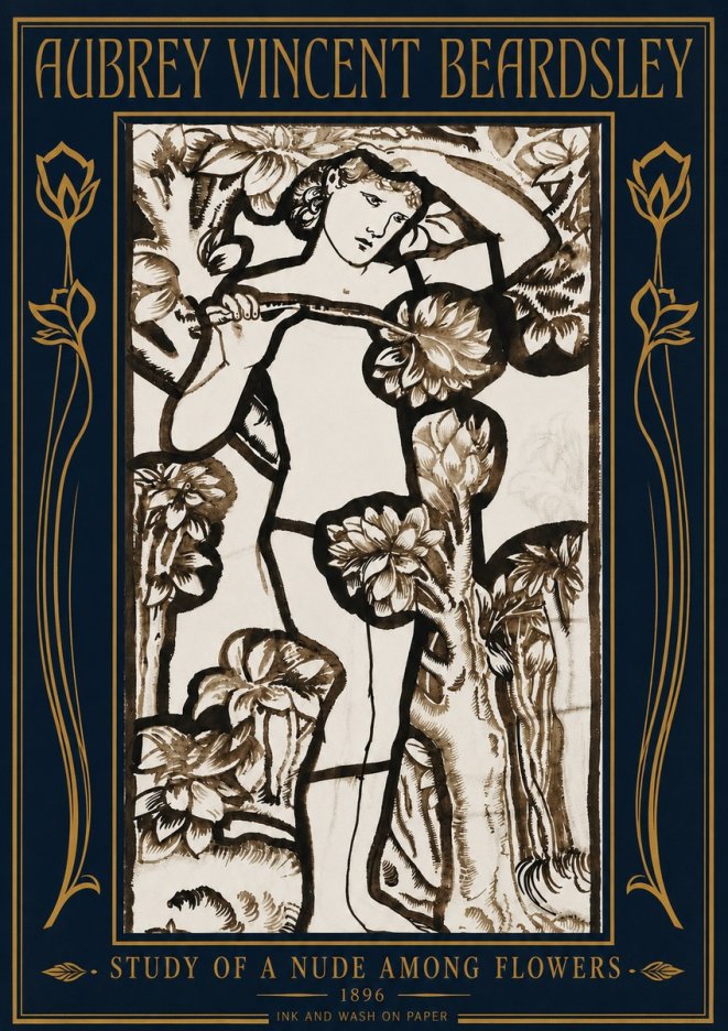 Aubrey Beardsley Study of a Nude Among Flowers No4 - Affiche