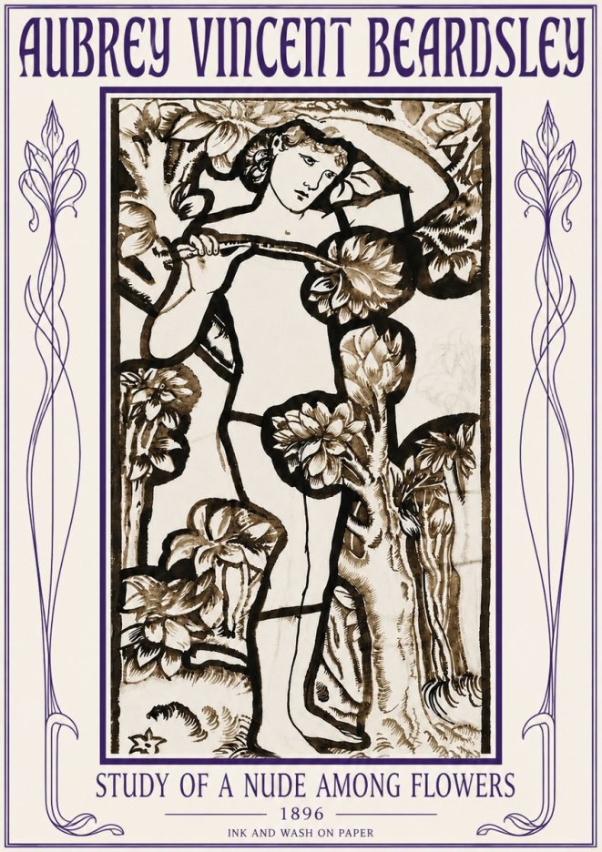 Aubrey Beardsley Study of a Nude Among Flowers No5 - Affiche