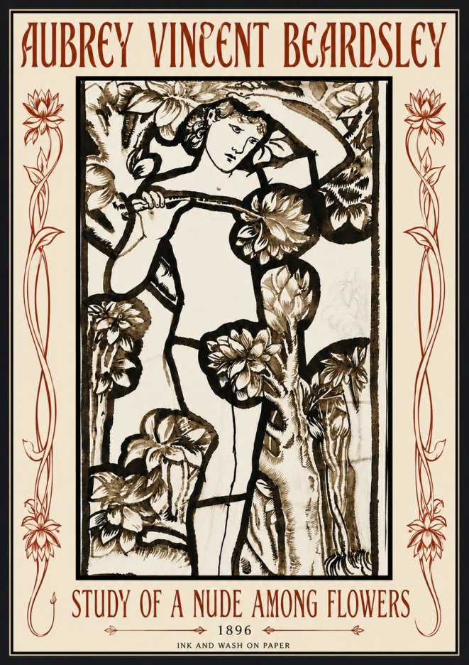 Aubrey Beardsley Study of a Nude Among Flowers No6 - Affiche