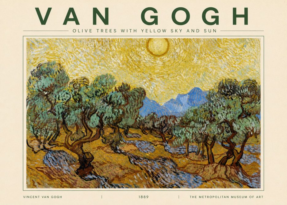 Van Gogh Olive Trees with Yellow Sky and Sun No4 - Affiche