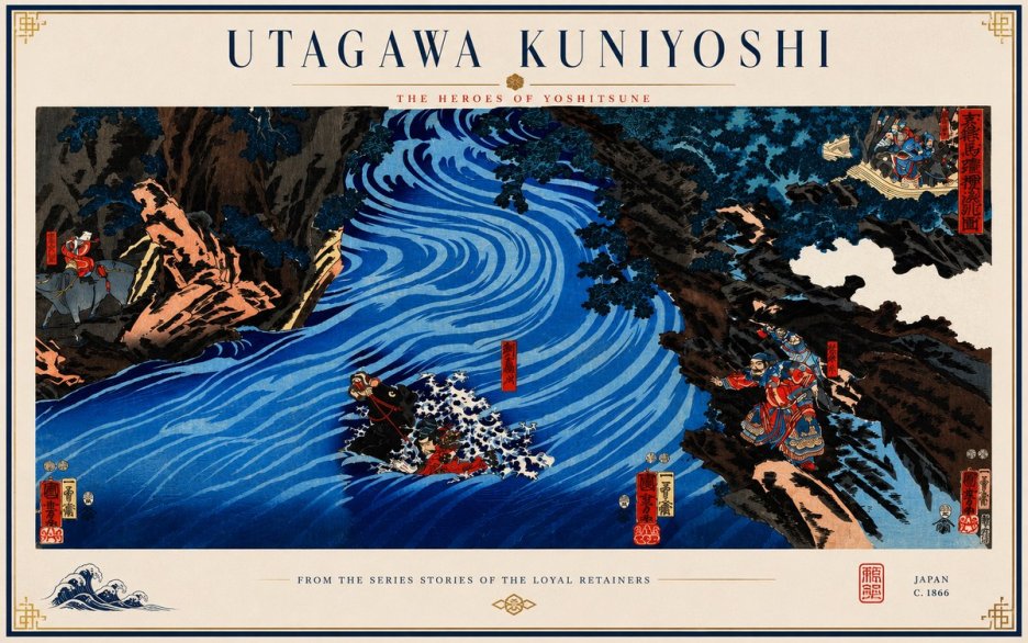 Utagawa Kuniyoshi The Heroes of Yoshitsune No3 - Affiche