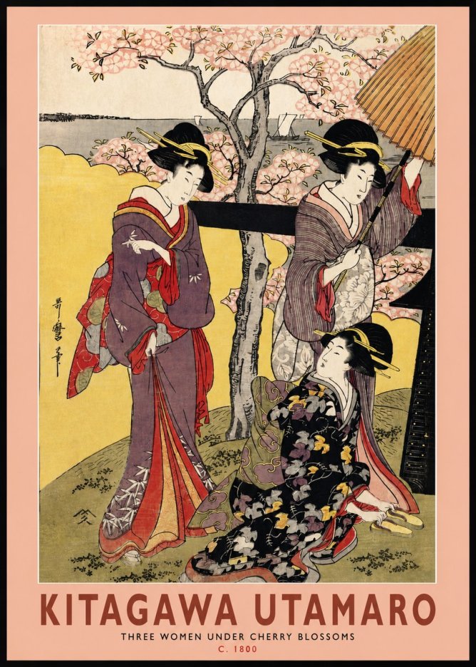 Kitagawa Utamaro Three Women Under Cherry Blossoms No2 - Affiche