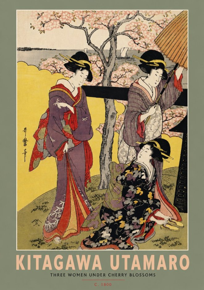 Kitagawa Utamaro Three Women Under Cherry Blossoms No4 - Affiche