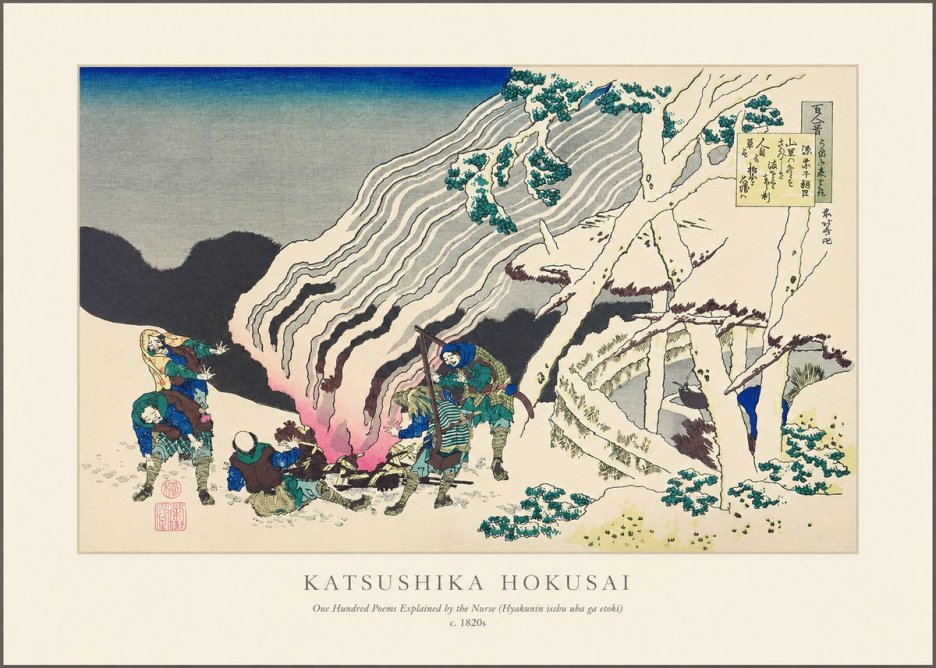 Katsushika Hokusai One Hundred Poems Explained by the Nurse (Hyakunin Isshu Uba Ga Etoki) No1 - Affiche