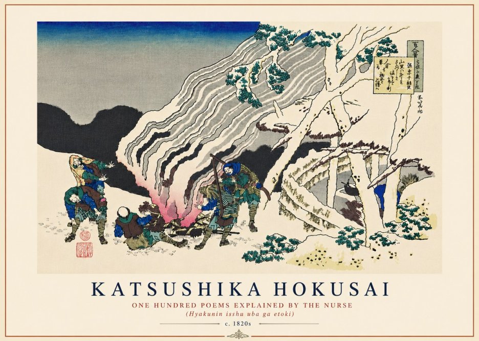 Katsushika Hokusai One Hundred Poems Explained by the Nurse (Hyakunin Isshu Uba Ga Etoki) No8 - Affiche