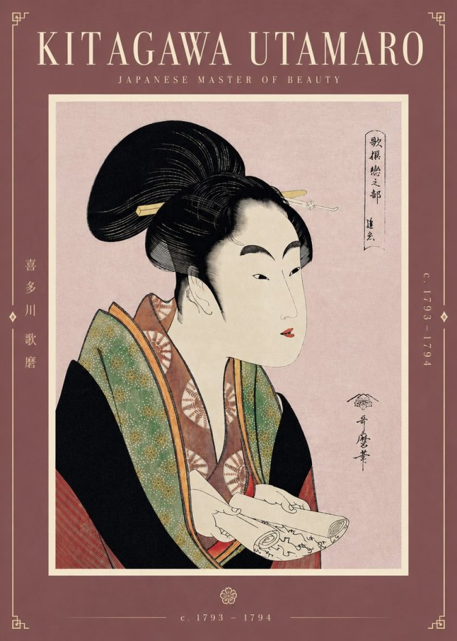 Kitagawa Utamaro Courtesan Reading a Scroll No5 - Affiche