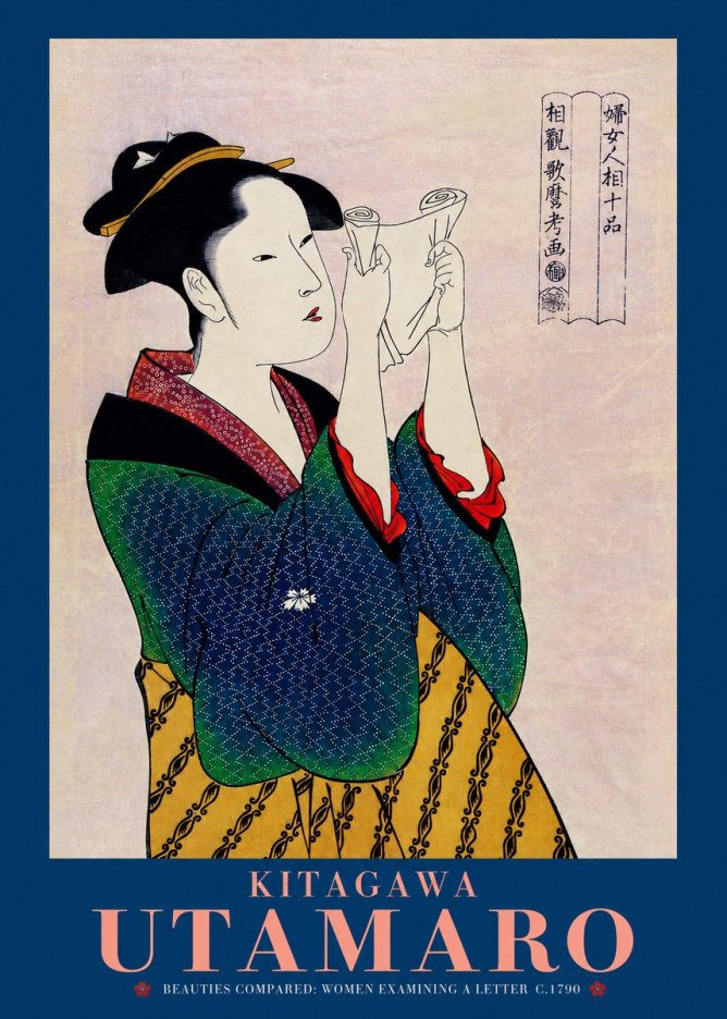 Kitagawa Utamaro Beauties Compared: Women Examining a Letter No2 - Affiche
