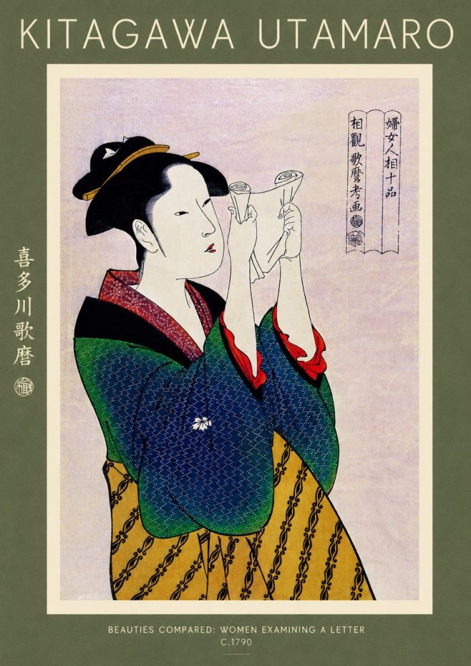 Kitagawa Utamaro Beauties Compared: Women Examining a Letter No4 - Affiche