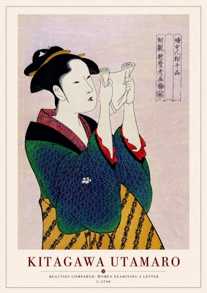 Kitagawa Utamaro Beauties Compared: Women Examining a Letter No5 - Affiche