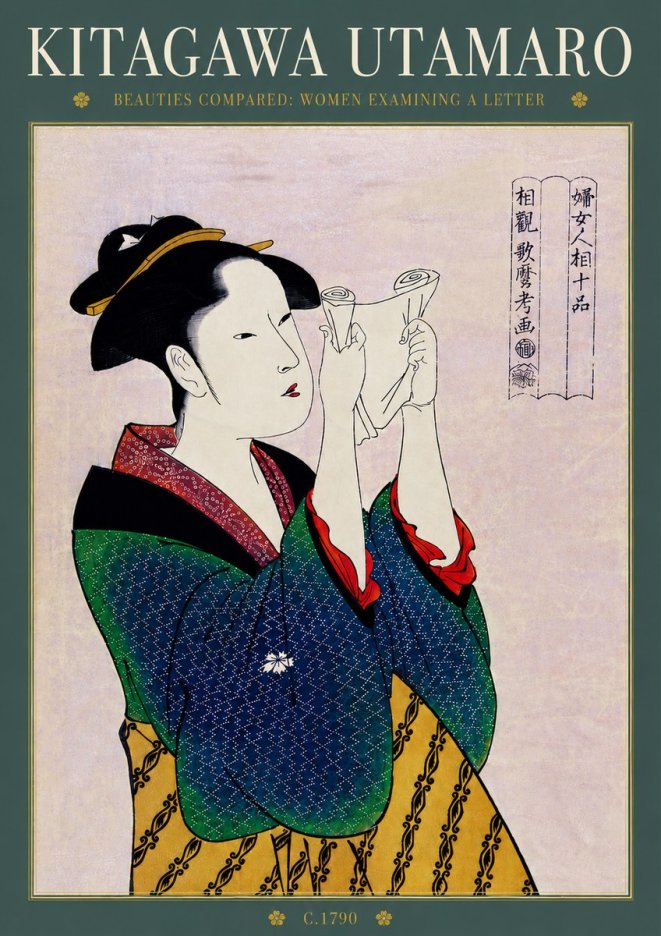 Kitagawa Utamaro Beauties Compared: Women Examining a Letter No6 - Affiche