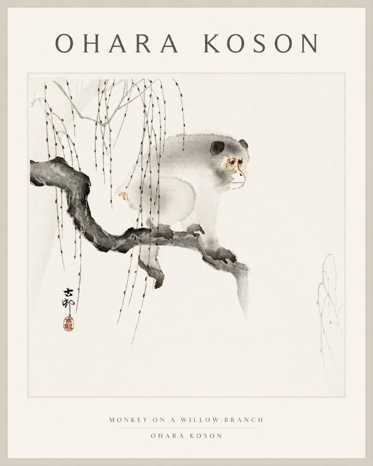 Ohara Koson Monkey on a Willow Branch No1 - Affiche