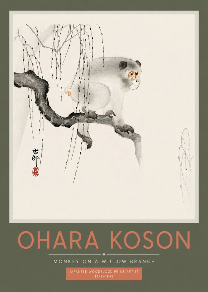 Ohara Koson Monkey on a Willow Branch No2 - Affiche