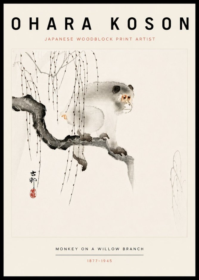 Ohara Koson Monkey on a Willow Branch No3 - Affiche
