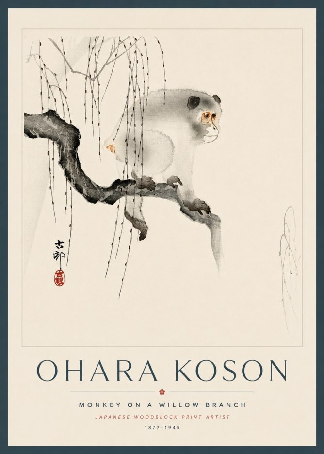 Ohara Koson Monkey on a Willow Branch No5 - Affiche