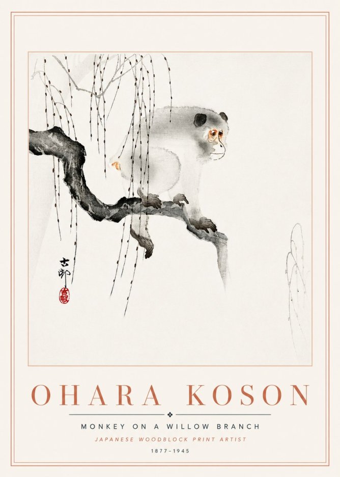 Ohara Koson Monkey on a Willow Branch No6 - Affiche