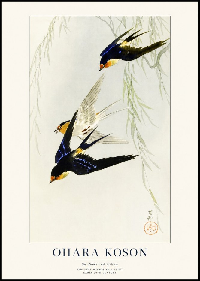 Ohara Koson Swallows and Willow I No1 - Affiche