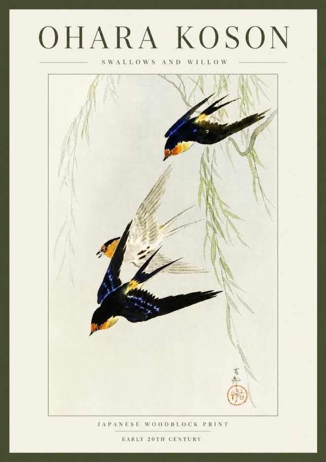 Ohara Koson Swallows and Willow I No3 - Affiche