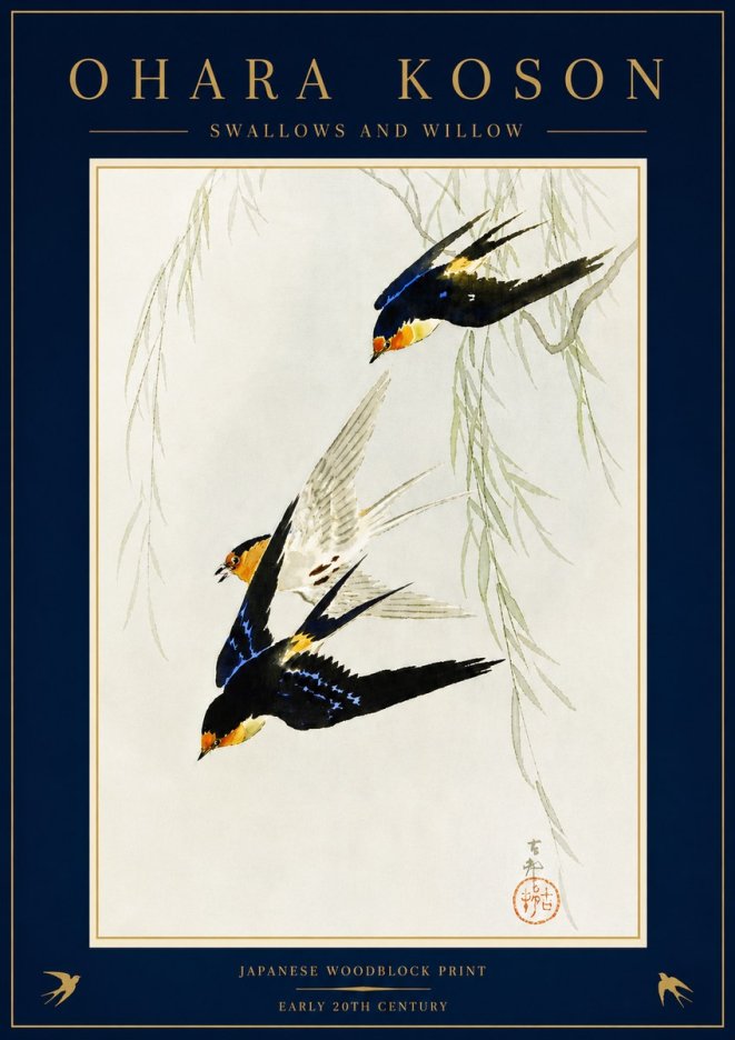 Ohara Koson Swallows and Willow I No5 - Affiche