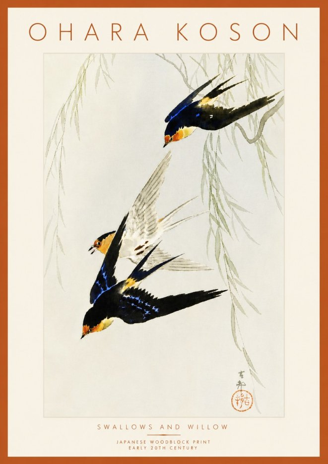 Ohara Koson Swallows and Willow I No6 - Affiche