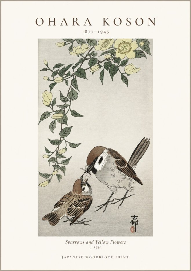 Ohara Koson Sparrows and Yellow Flowers No1 - Affiche