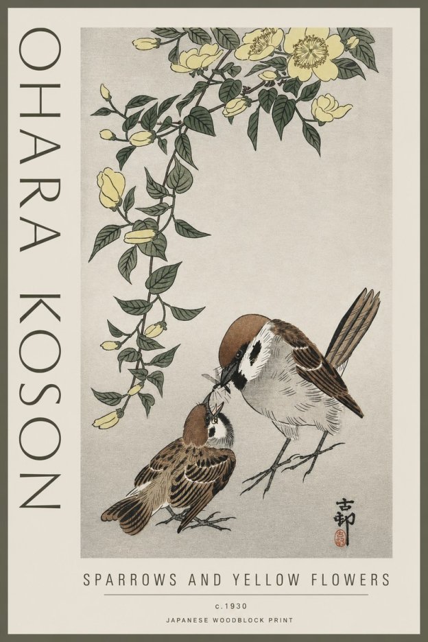 Ohara Koson Sparrows and Yellow Flowers No3 - Affiche