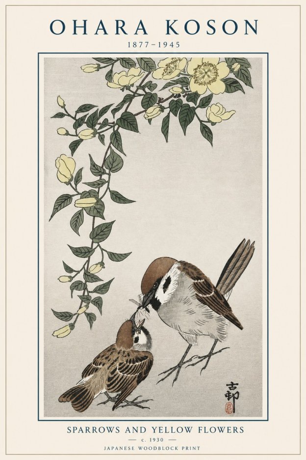 Ohara Koson Sparrows and Yellow Flowers No4 - Affiche