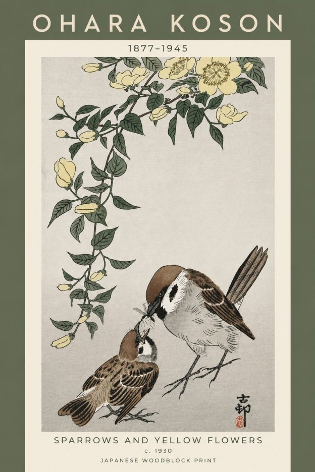 Ohara Koson Sparrows and Yellow Flowers No5 - Affiche