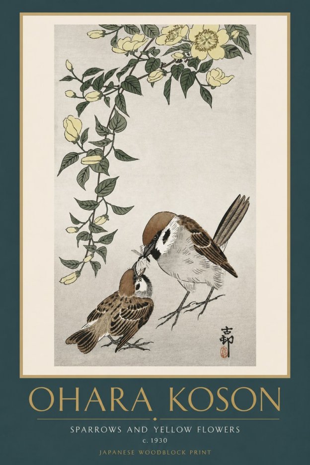 Ohara Koson Sparrows and Yellow Flowers No6 - Affiche